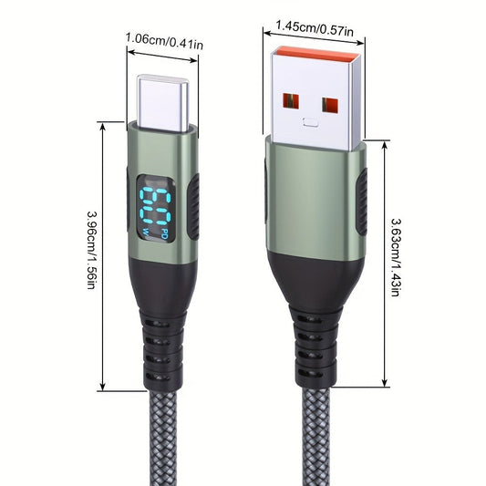 USB-A to USB-C Cable with LED Digital Display, 3A Fast Charging & 480Mbps Data Sync, Nylon Braided Anti-Overheat, for iPhone 15 Samsung Galaxy LG Android – Green (1pc/2pcs)