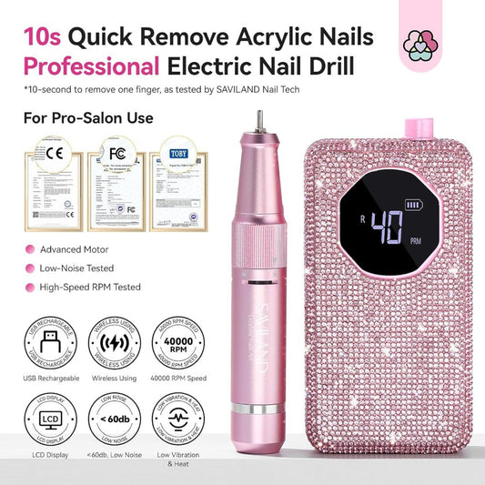 Electric Nail Drill 40000 RPM Rechargeable Professional Nail Drill Machine 4000mAh Battery LCD Display Ceramic Bits Sanding Bands for Acrylic Gel Nails Salon Home Use