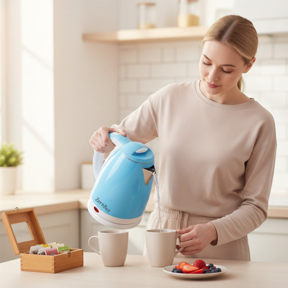 Electric Kettle by ZernBer, 60oz 1000W Stainless Steel Interior with LED Indicator and Heating Base in Blue