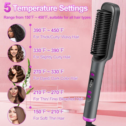 2-in-1 Hair Straightener & Curler LCD Display – 35-Second Fast Heat 4-Speed Temperature Anti-Scald Flat Iron Brush for Women with 2 Hairpins & Comb – White, Grey, Purple
