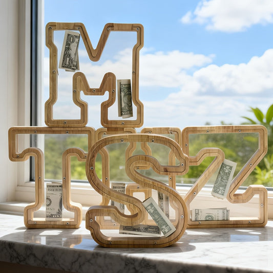 Alphabet Wooden Money Bank for Adults A to Z Letter Piggy Bank – Personalized Coin Bank Home Decor Craft Art Decoration, Ideal Gift for Ages 14 and Up