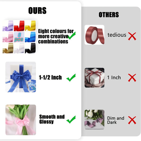 Satin Ribbon 1.5 Inch Wide – 8 Rolls 200 Yards Assorted Colors, Solid Color Silk Ribbon for Gift Wrapping, Hair Bows, Wedding, Party, Christmas & DIY Crafts