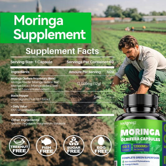 Organic Moringa 12000mg Capsules - Pure Superfood Supplement for Energy, Skin Health, Gut Health & Immune Support - Antioxidant-Rich Plant-Based Daily Wellness Capsules 60 Count