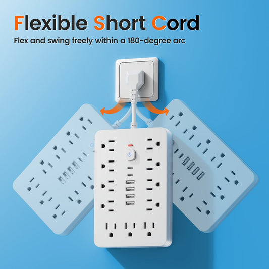 Power Strip with 11 AC Outlets, 4 USB-A, 2 USB-C and Short, 5-Foot or 10-Foot Standard or Braided Cord
