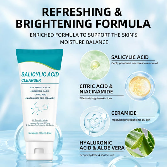 Salicylic Acid Facial Cleanser Gel – Deep Cleansing & Moisturizing with Hyaluronic Acid, Non-Comedogenic, Paraben-Free, Fresh Scent, for All Skin Types, Men & Women, Daily Face Wash