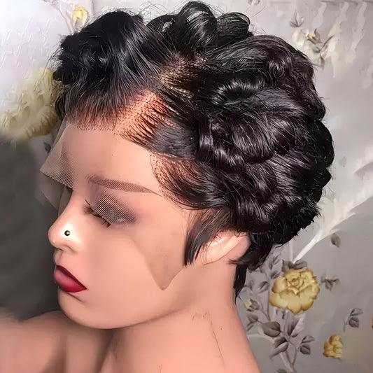 Pixie Cut Wig Human Hair 13x4 HD Lace Front Short Curly Body Wave Loose Deep Wave Finger Wave Pre-Plucked Glueless Natural Black Burgundy Chocolate Brown 6 Inch Undetectable Hairline