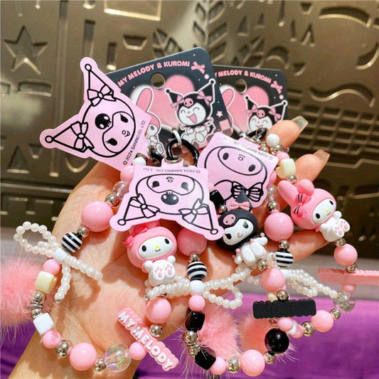 Kawaii Beaded Phone Chain Keychain Sanrio Kuromi My Melody Anime Backpack Pendant – Cute Mobile Strap Charm Accessory Gift for Girls Teens Anime Fans Collectors