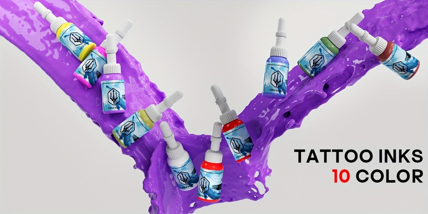 POSEIDON ZH03 Tattoo Kit with 2300mAh Adjustable-Stroke Pen, USB-C Charging, 20 Cartridges and 11 Inks