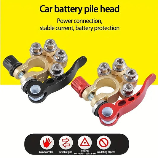 Car Battery Terminal Connectors Kit - 4-Way Quick Release Disconnect Clamps, Positive & Negative SAE/JIS Type A Posts for Car, Truck, Motorcycle & Marine (4-Piece Set, Gold)