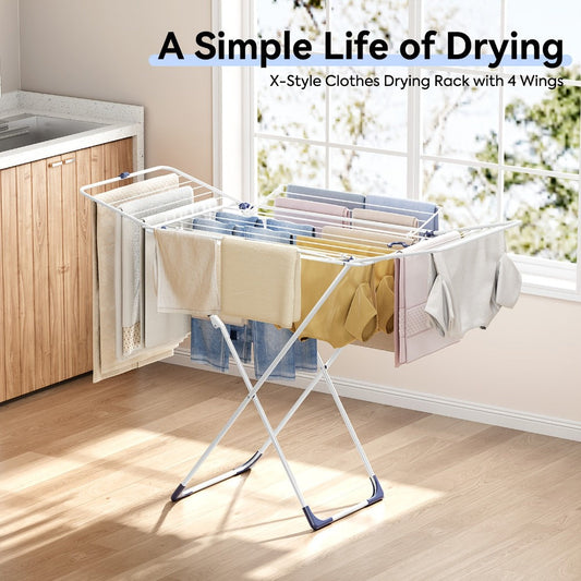 Clothes Drying Rack Foldable 4-Wing Large Capacity Metal Laundry Rack Free Standing Indoor Outdoor Space Saving Airer 55x38 In