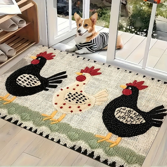 Rooster Embroidered Door Mat Indoor Outdoor Non-Woven Washable Rug for Entryway Bathroom Kitchen Porch Plaid Stripe Pattern