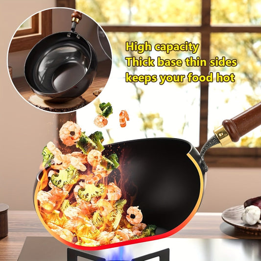 Wok Pan Carbon Steel Japanese Style Large Belly Uncoated Traditional Stir Fry Pan with Heat Resistant Handle Compatible with Gas Induction and All Stovetops for Stir Fry Soup Stew Camping Cooking