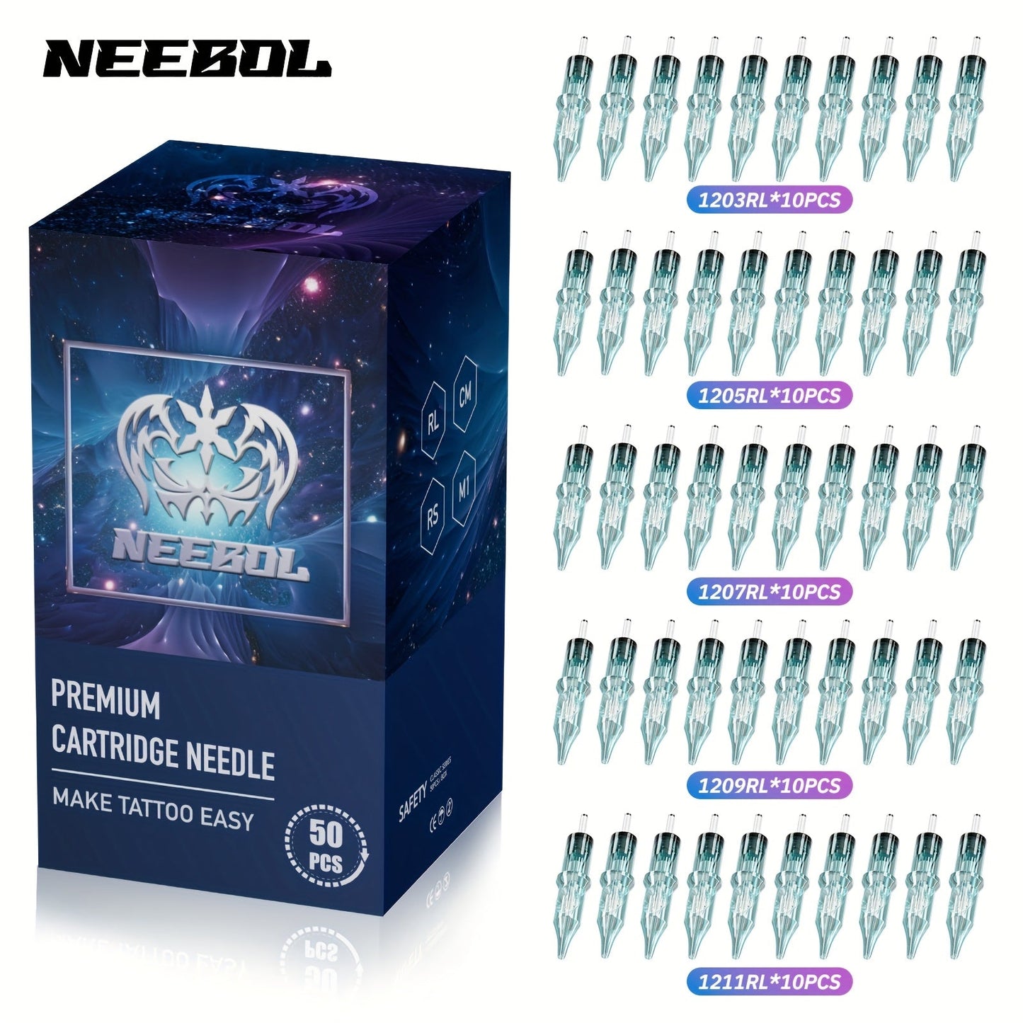 Tattoo Cartridge Needles with Neebol Label, 20-Piece #12 RL RM Mix or 50-Piece #12 RL Pack