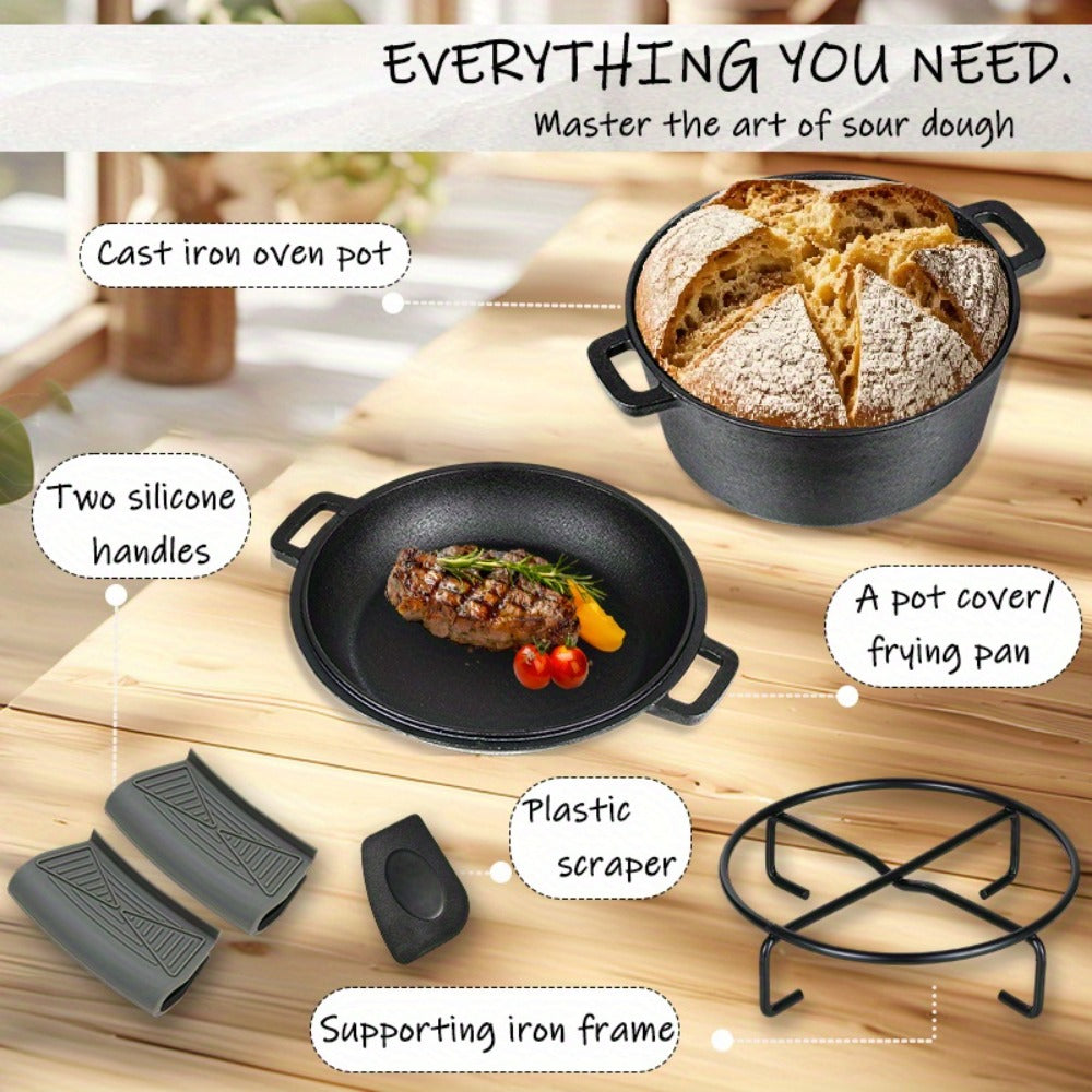 6-Piece Cast Iron Dutch Oven Set with 6.1QT Pot, 1.9QT Skillet Lid, Handle Covers, Support Frame and Scraper