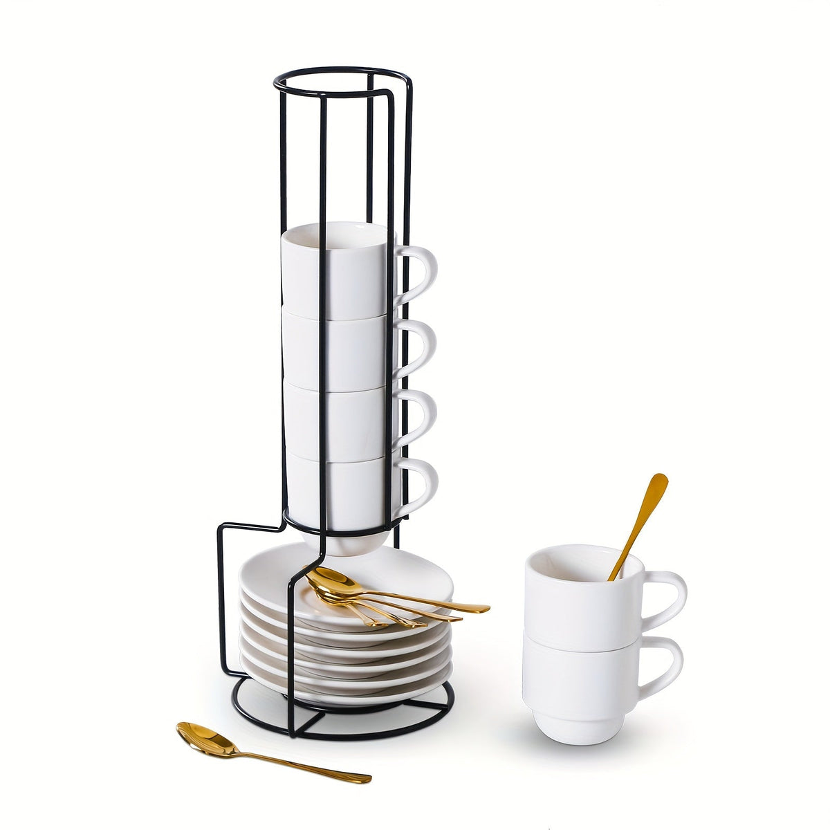 Espresso Cups Set of 6 with Saucers, Spoons & Metal Stand, 4oz Stackable Ceramic Cappuccino Mugs for Double Espresso