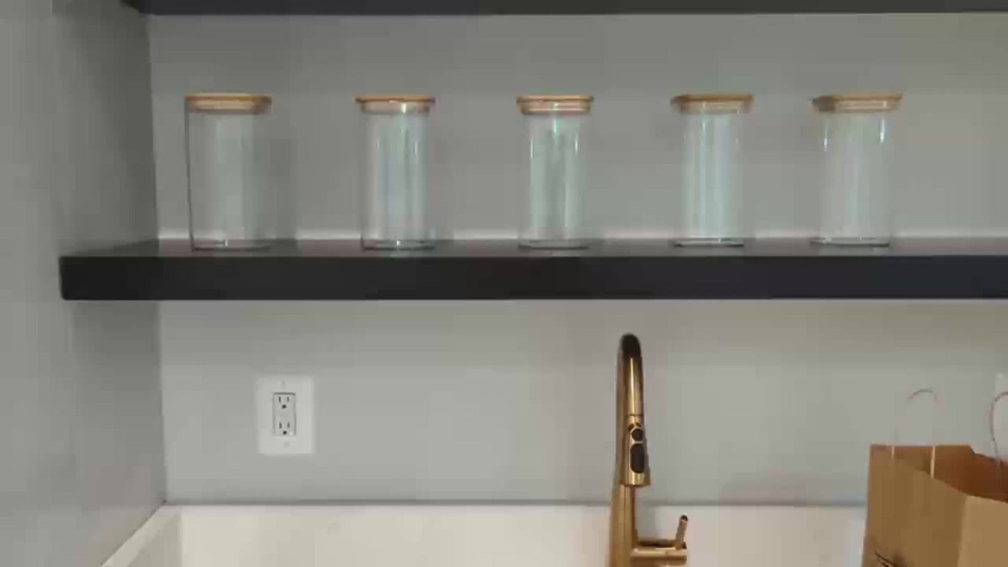 Six-Piece 37 oz Glass Storage Jar Set with Tall Clear Bodies, Square Bamboo-Look Lids and Silicone Rings