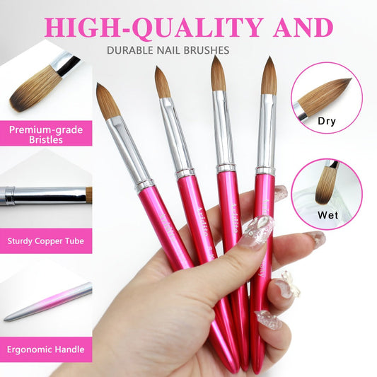 Kolinsky Acrylic Nail Brush Set 100% Pure Kolinsky Hair Flat Shape Sizes #10 #12 #14 – Professional Nail Art Sculpting Extension Brush with Rose Red Handle & Cap for Nail Technicians & Home Use