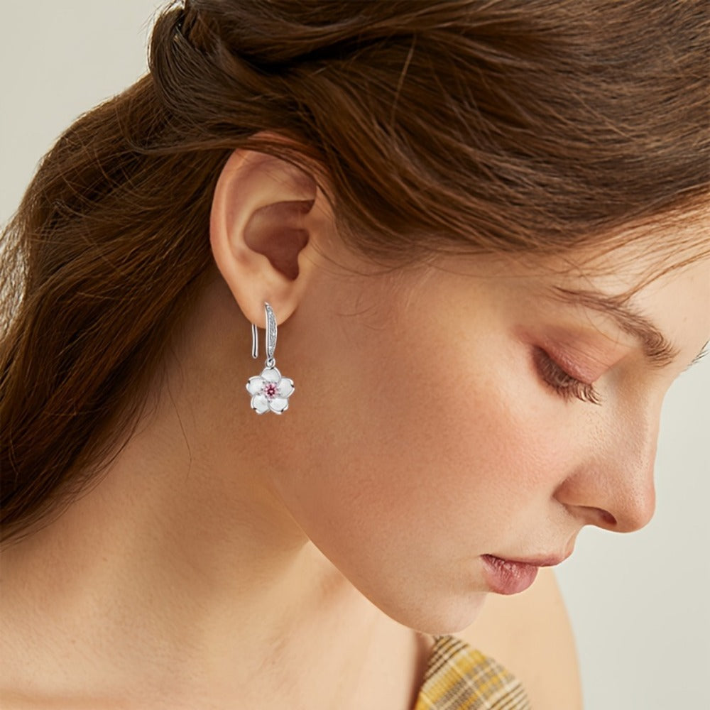 Dangle Earrings for Women - Cherry Blossom Flower for - 925 Sterling Silver Pink Zirconia Peach - product detail view 7