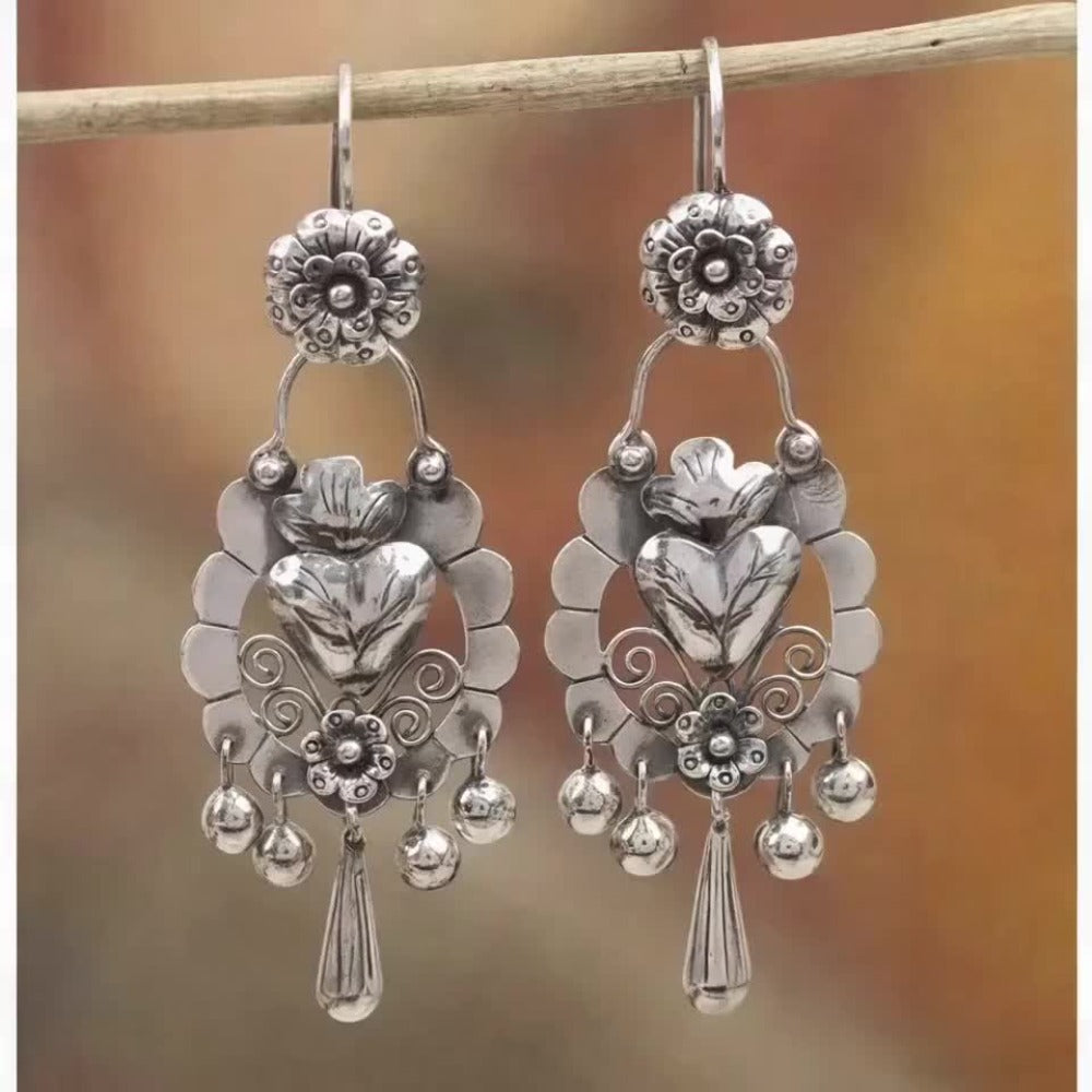 Dangle Earrings for Women - S925 Sterling Silver Bohemian Vintage Ethnic Retro Drop for Antique Silver - product detail view