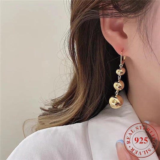 Dangle Earrings for Women - S925 Sterling Silver Three Ball Drop for Retro French High-End Long , Gold - product detail view