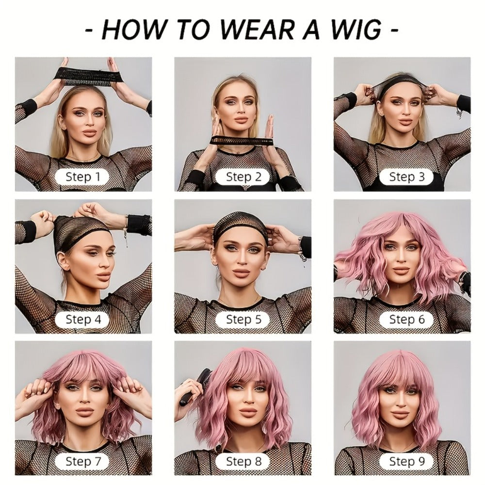 Synthetic Wig 26-Inch Ombre Rose-Red to Dark-Purple Body Waves with Bangs and Side Part for Cosplay