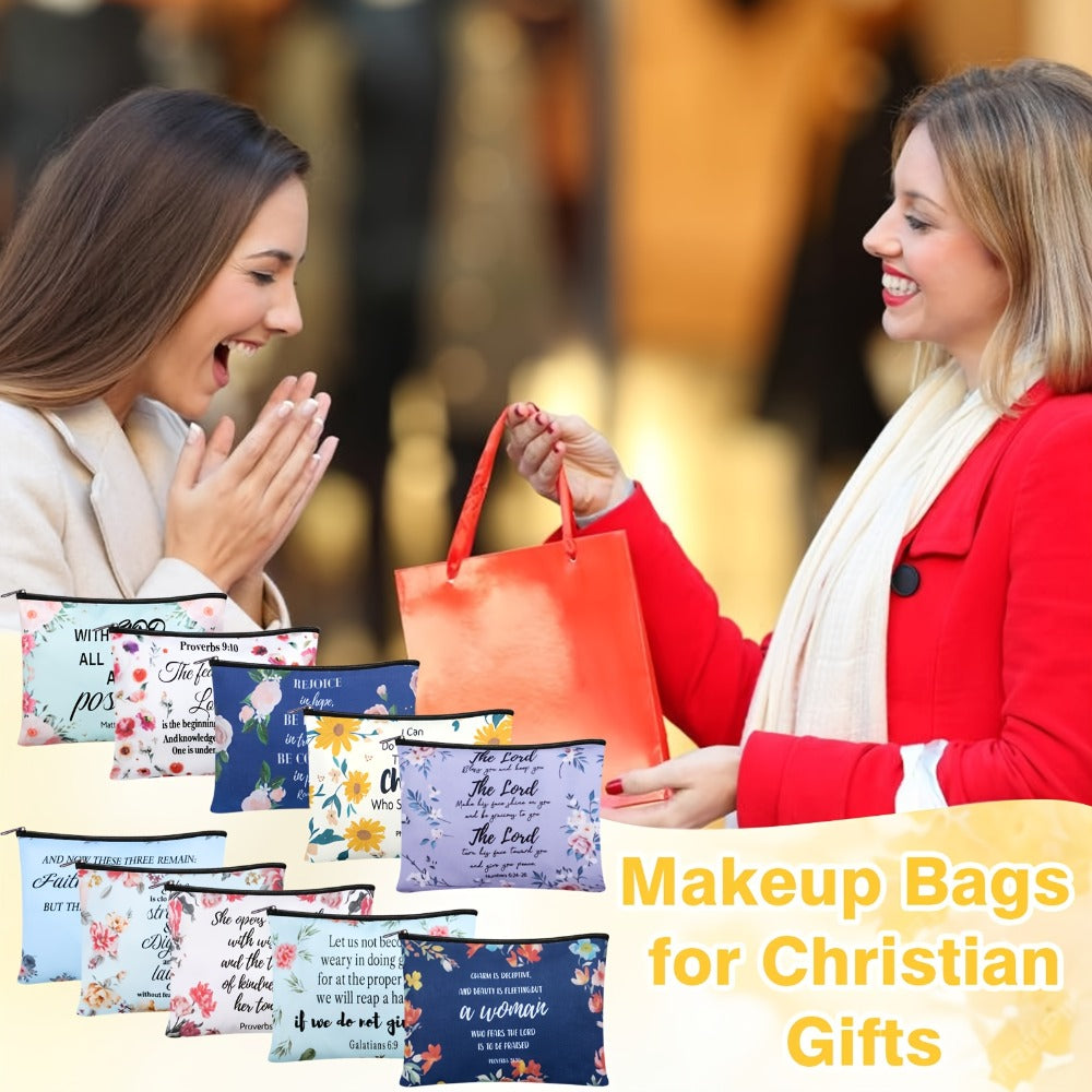 Thirty-Piece Bible Verse Makeup Bag Set with Mixed Printed Designs, 23 x 15cm Pouches and Black Zippers