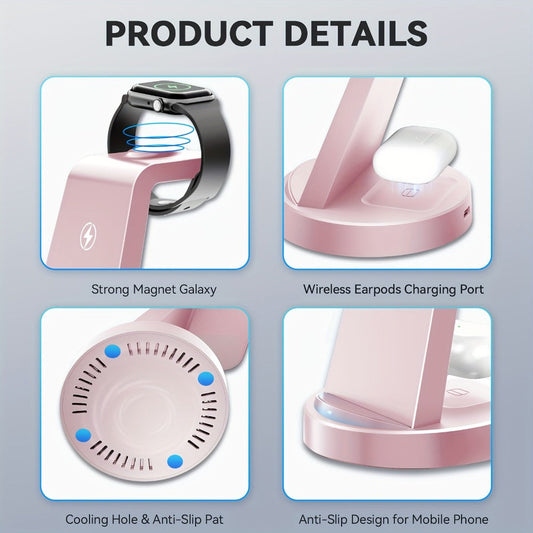 3-in-1 Wireless Charging Dock Multi-Color Fast Charge for iPhone 17 16 15 14 13 12 11 Pro Max, Apple Watch Ultra 2 Series 10 9 8 7 6 SE, AirPods 4 3 2 Pro & Samsung Galaxy – Black Blue Pink U1 U2