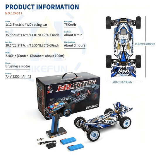 Wltoys 124017 RC Car 75KM/H Brushless 4WD – Professional High-Speed Off-Road Drift Racing Car, Aluminum Alloy Chassis, Oil Pressure Shock Absorber, 2 Batteries Included, Gift for Boys & RC Hobbyists