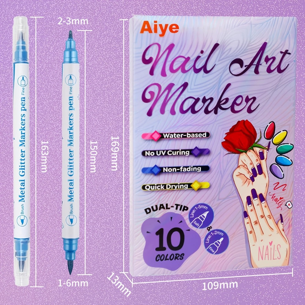 3D Nail Art Pens 10 Colors Double Ended Metallic Acrylic Paint Set – Quick Dry Fine Liner & Dotting Tip Graffiti Drawing Nail Marker for Salon & DIY Home Nail Design, Raised Effect
