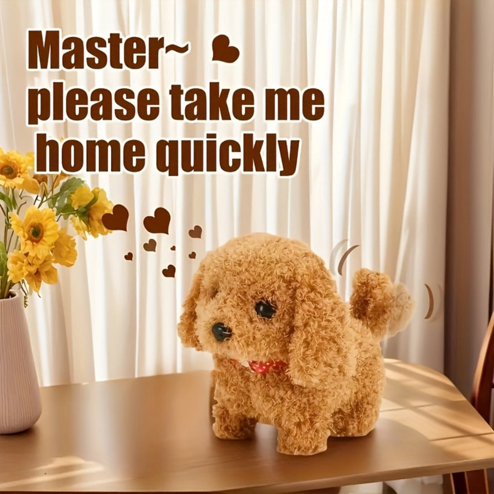 Brown Electronic Plush Puppy Toy with Walking, Barking and Tail-Motion Icons in a Single Boxed Option
