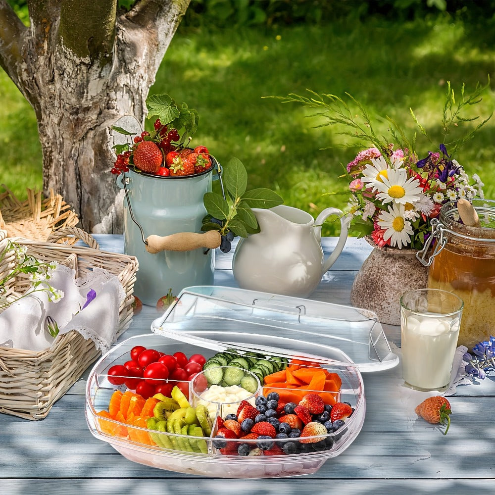 Appetizer Serving Tray with Ice Tray & Flip Lid – 15 Inch Round Chilled Condiment Serving Platter, BPA-Free Plastic Veggie Dip Bowl, Dishwasher & Freezer Safe Party Snack Tray