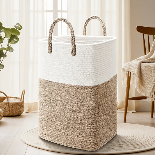 Woven Cotton Rope Laundry Basket Large Hamper with Handles for Bathroom Bedroom Living Room – Jumbo Boho Storage Basket for Clothes Blankets Toys | 40L 60L 80L 100L
