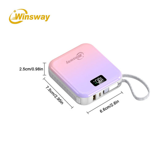 Mini Compact Power Bank 10000mAh Winsway 22.5W Fast Charging – Built-in Dual Cables USB-C & USB-A, Gradient Design, LED Display, Ultra-Lightweight Portable Charger for Travel Boarding Outdoor Gift