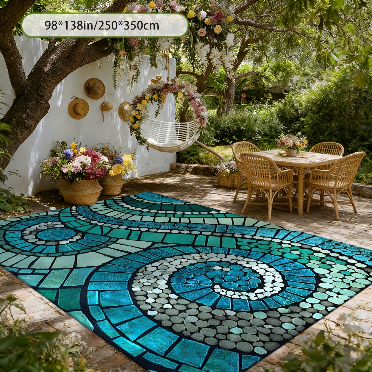 Blue Spiral Mosaic-Pattern Outdoor Rug in Five Displayed Sizes from 32 x 48 to 80 x 120 Inches