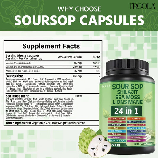 Sea Moss Capsules 24-in-1 Superfood Blend 2238mg with Soursop Shilajit Lion's Mane Graviola — Gut Health Immunity Brain Energy Antioxidant Support Supplement for Men Women 60 & 120 Count