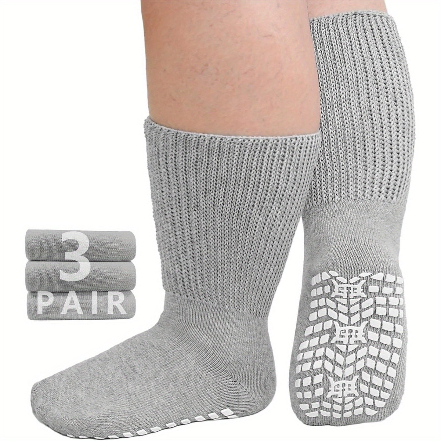 3-Pair Grippy-Sole Wide Sock Set for Adults in Black, White or Grey with 9-13 and 13-15 Size Options