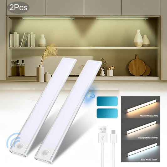 Motion Sensor Under Cabinet Lights 2 Pack | Wireless USB Rechargeable Dimmable 3 Color Temperatures Stick-On Magnetic LED Light for Kitchen Cabinet Wardrobe Stairs Cupboard