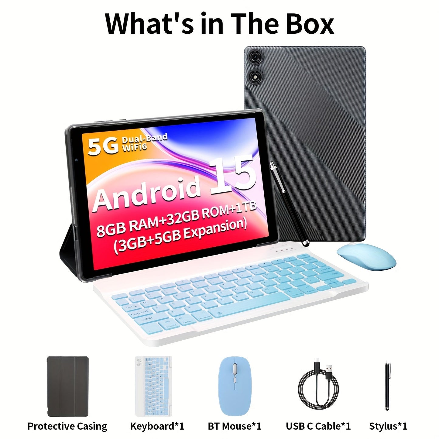 Android Tablet 10.1-Inch 2-in-1 with Android 15, 8GB Total RAM, 32GB Internal Storage and Keyboard Sets