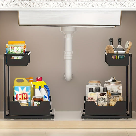 Under Sink Organizer 2-Tier Sliding Pull-Out Metal Rack Cabinet Storage for Kitchen Bathroom Refrigerator Adjustable Shelf Organizer in Black White Gray