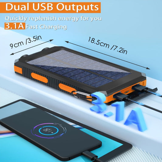 Power Bank Solar 38800mAh with QC3.0, USB-C, Dual USB Outputs, LED Flashlight and Compass for Outdoor Use