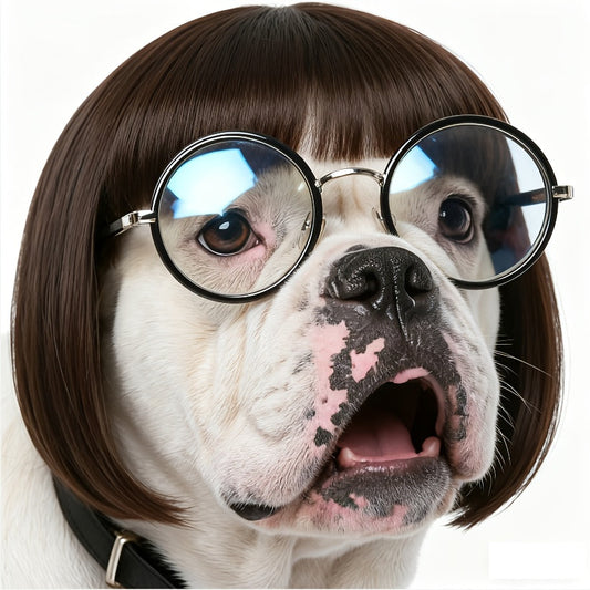 Dog Wig Costume for Small Medium Dogs, Funny Pet Hair Headpiece Adjustable Heat-Resistant Trimmable Black Brown Wig for Halloween Christmas Birthday Party Dress Up Photo Prop