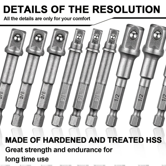 Impact Socket Adapter Set - 1/2" 3/8" 1/4" Square Drive Hex Bit Adapter for Drills & Impact Drivers, Extension Socket Converter for Automotive & DIY Repair, Silver