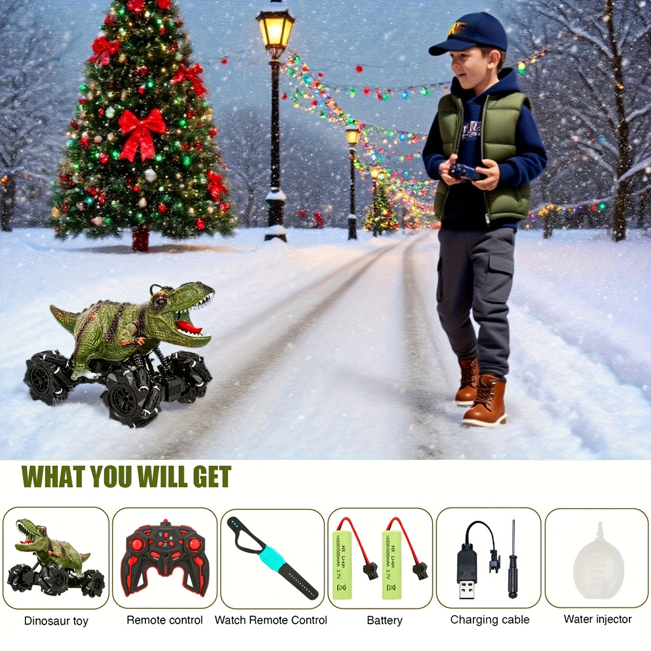Spray Mist RC Monster Truck Dinosaur with Side-to-Side Drift LED Lights & Sound Effects – All-Terrain Stunt Remote Control Car for Kids Ages 6+ Birthday Easter Gift w/ or w/o Spray