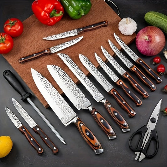 Kitchen Knife Set 15-Piece & 20-Piece Professional Chef Knives with Block Sharpener Ultra-Sharp Medium Carbon Stainless Steel Hammered Blade Wooden Handle Dishwasher Safe Gift for Men & Family