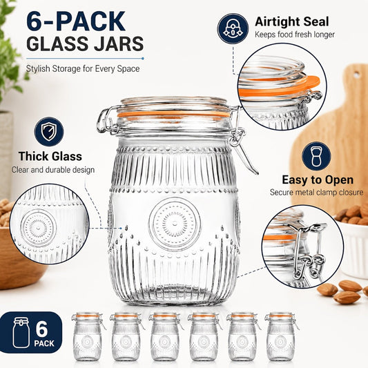 Mason Jars 6 Pack 32oz Wide Mouth Airtight Glass Canister Set with Hinged Lids Vintage Sunflower Pattern Kitchen Storage Jars for Coffee Sugar Beans Spices Dry Goods Pantry Organization