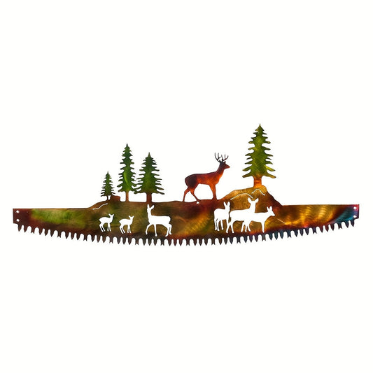 Metal Wall Art Saw Blade - Wild Animal Bear Deer Silhouette Gradient Polished Home Indoor Outdoor Decor