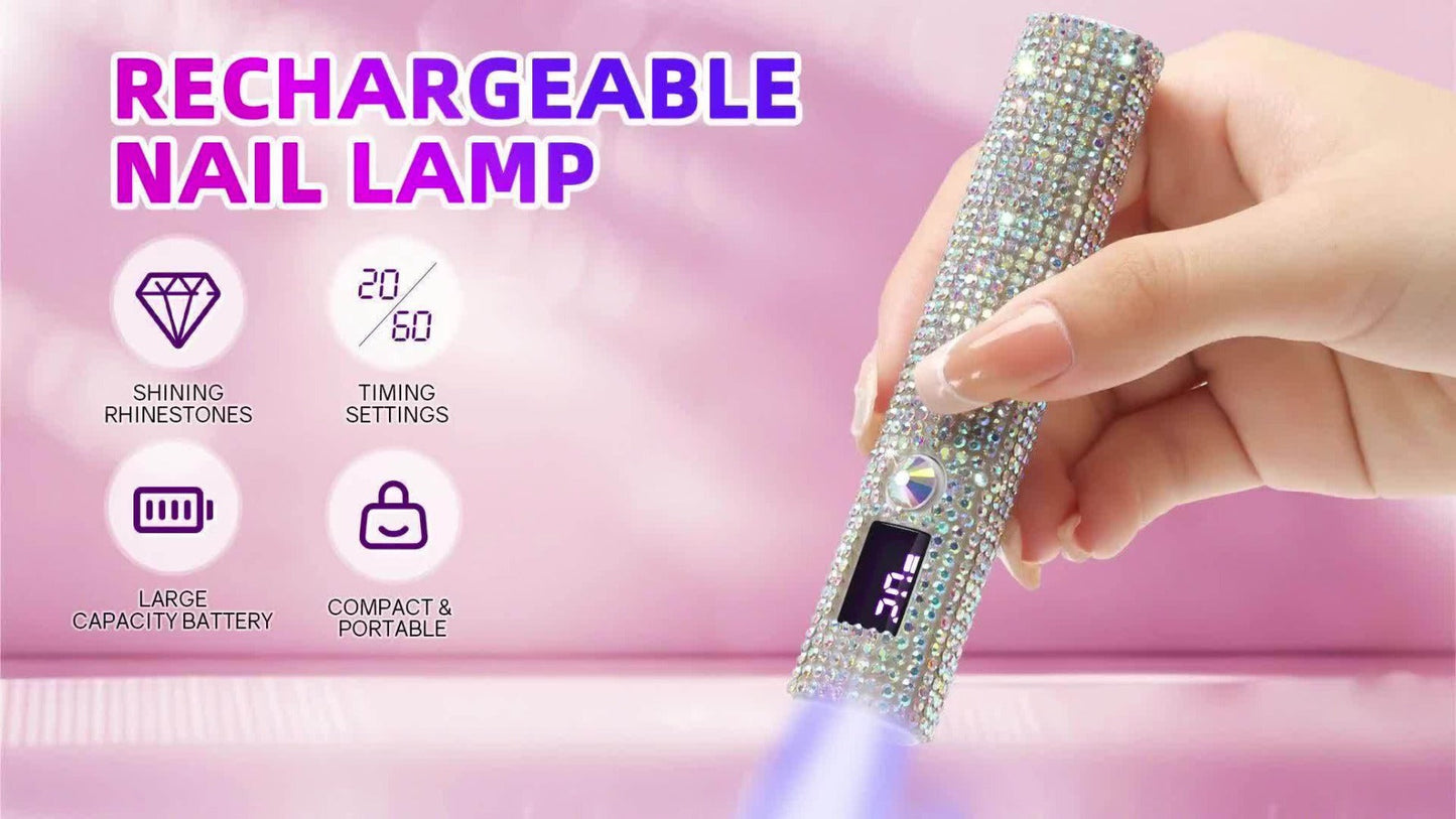 Rhinestone Handheld UV/LED Nail Lamp with 365nm/405nm Markings, 20s/60s Timers and USB Charging