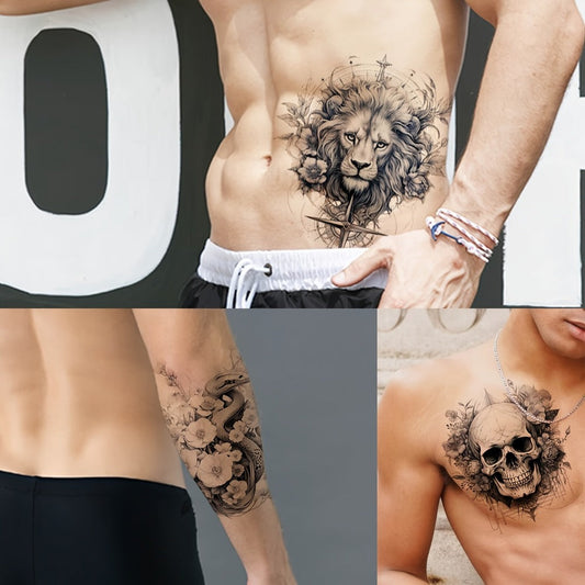 Temporary Tattoos for Men 44 Sheets Realistic Black Wolf Mountain Lion Tiger, Large & Small Fake Tattoo Stickers Waterproof Lasts 5-7 Days for Adults Half Arm Sleeve Body Art Festival Halloween Cosplay Gift