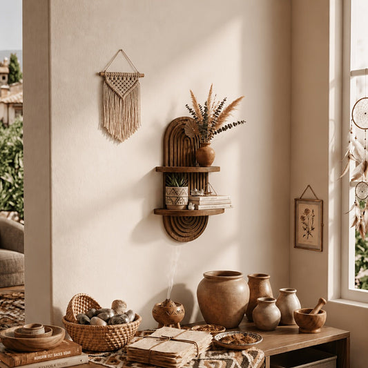 Floating Shelves Wood 2-Tier Bohemian Rainbow Arch Wall Shelf Hanging Plant Stand Flower Pot Display Rack Living Room Bedroom Kitchen Entryway Decor