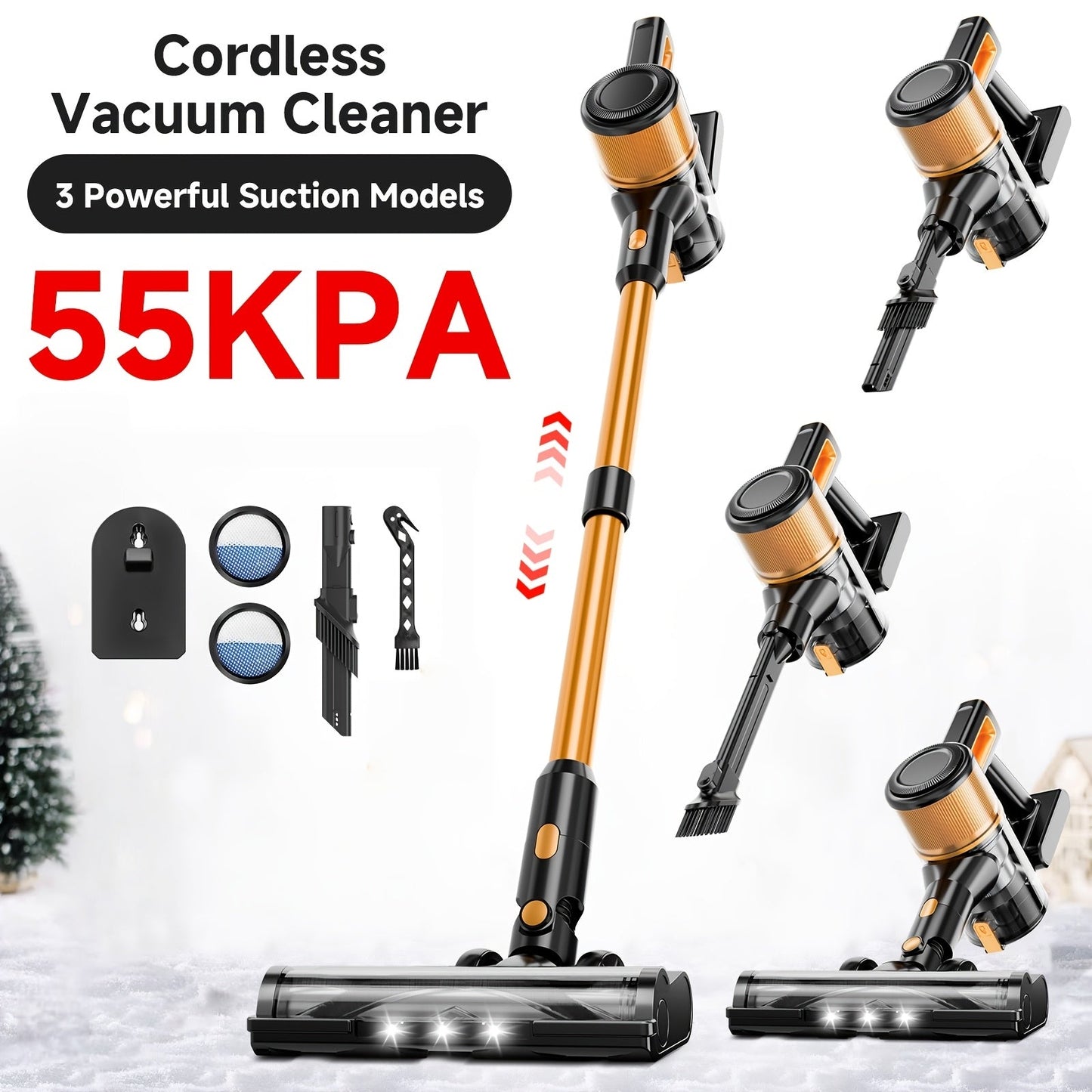 Cordless Vacuum Cleaner 55KPa 8-in-1 Stick Vacuum with LED Light 180° Swivel Lightweight Wireless for Hardwood Carpet Pet Hair Stairs Car Sofa Home Office